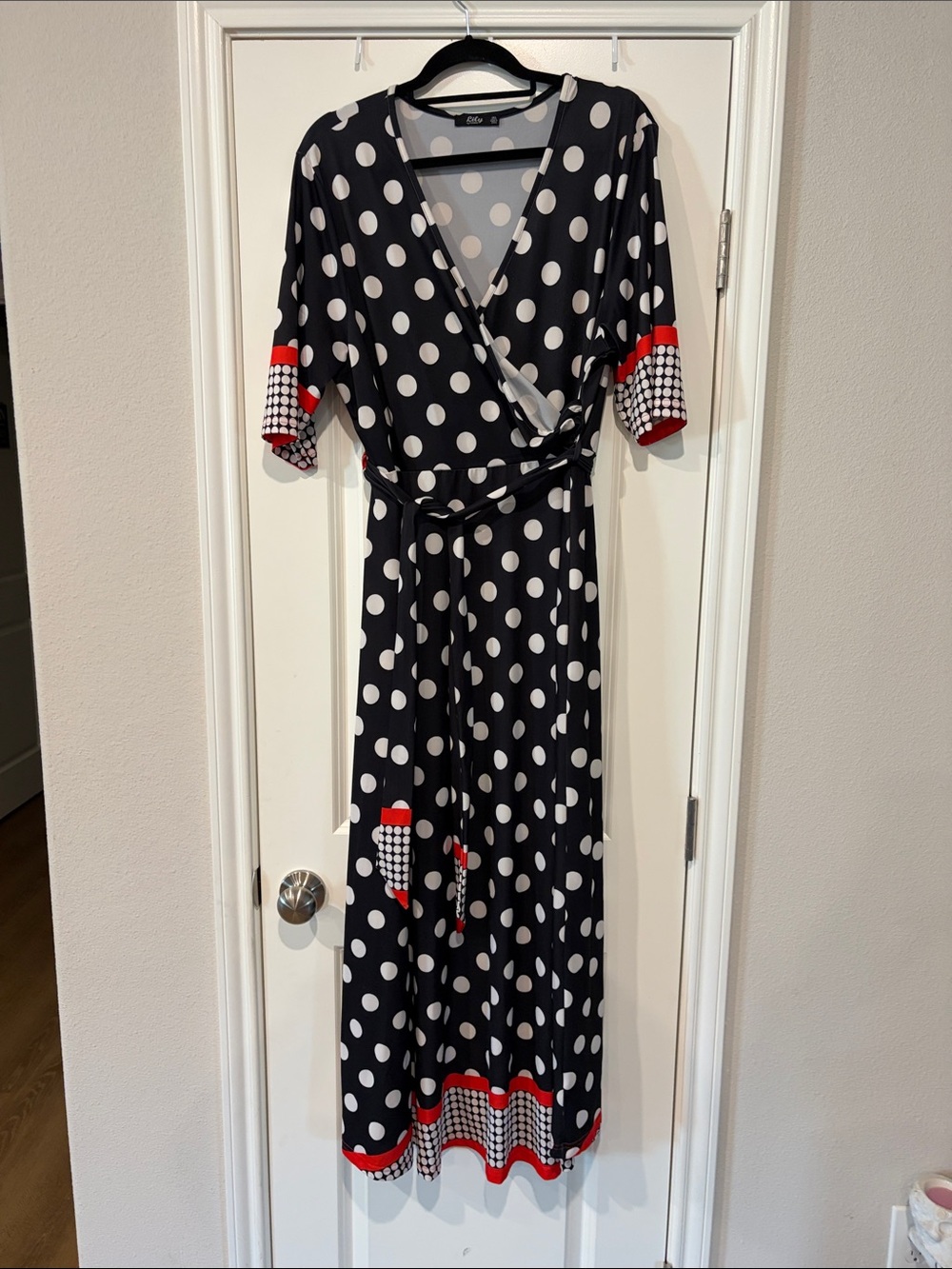 Lily Black and White Polka Dot Wrap Maxi Dress with Red Accents